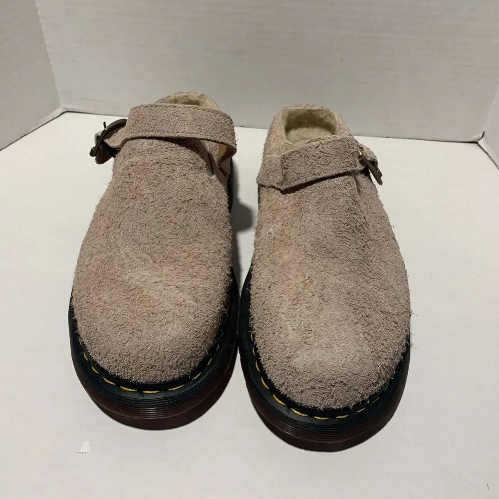 Dr Martens Isham Men's Sz 13 Taupe Long Napped Suede Buckle Fur Lined Clog